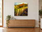 Sunlit Fence Line landscape canvas print on the wall of a living room above a sideboard