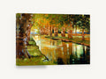 Sunlit Plane Tree Canal, tree lined canal reflection painting, landscape canvas wall art print ready to hang