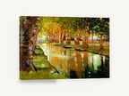 Sunlit Plane Tree Canal, tree lined canal reflection painting, landscape canvas wall art print ready to hang