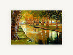 Sunlit Plane Tree Canal, tree lined canal reflection painting, landscape canvas wall art print, front view