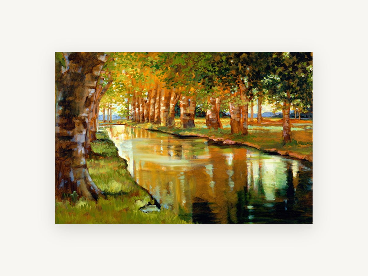 Sunlit Plane Tree Canal, tree lined canal reflection painting, landscape canvas wall art print, front view