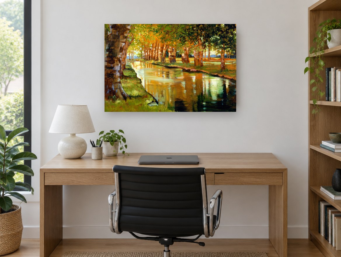 Sunlit Plane Tree Canal landscape canvas print on the wall of a study
