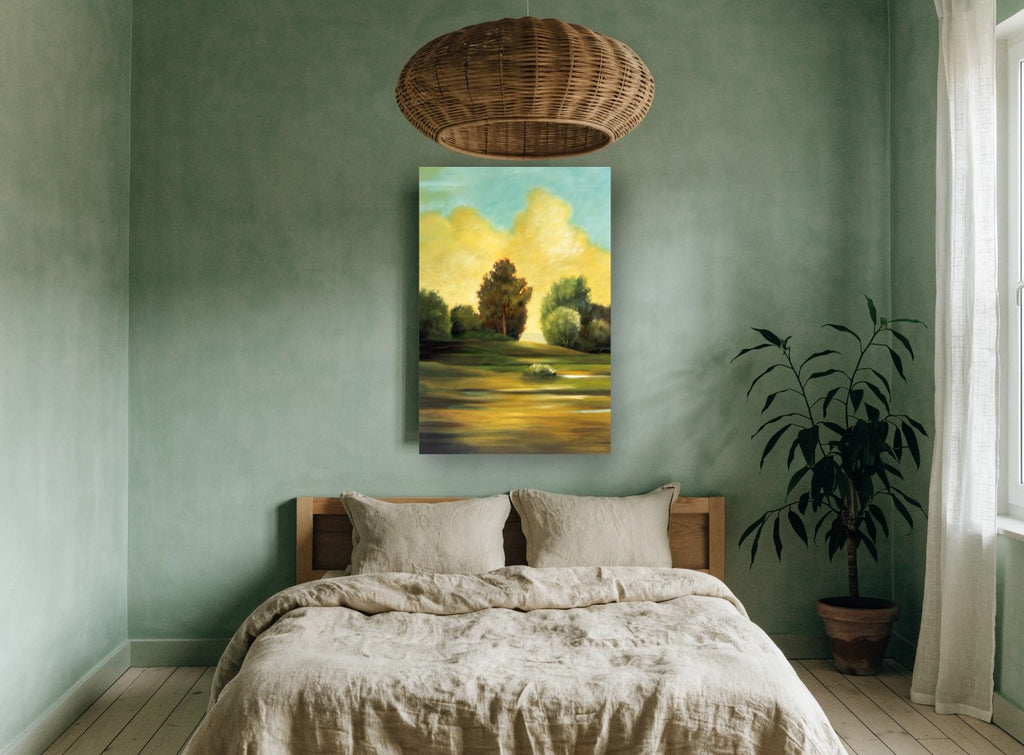 Golden Cloud Meadow landscape canvas print on the wall of a bedroom