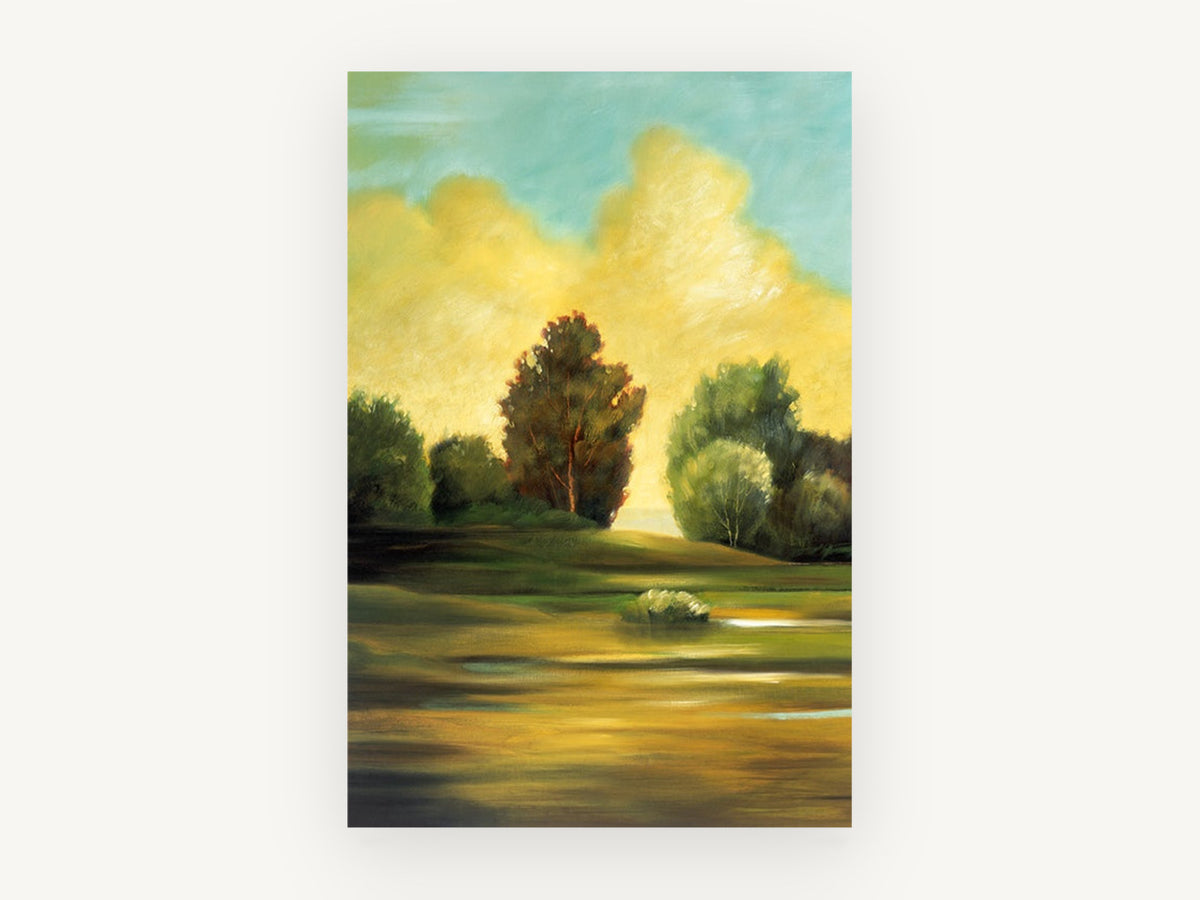 Golden Cloud Meadow, golden cloud tree meadow landscape, landscape canvas wall art print, front view