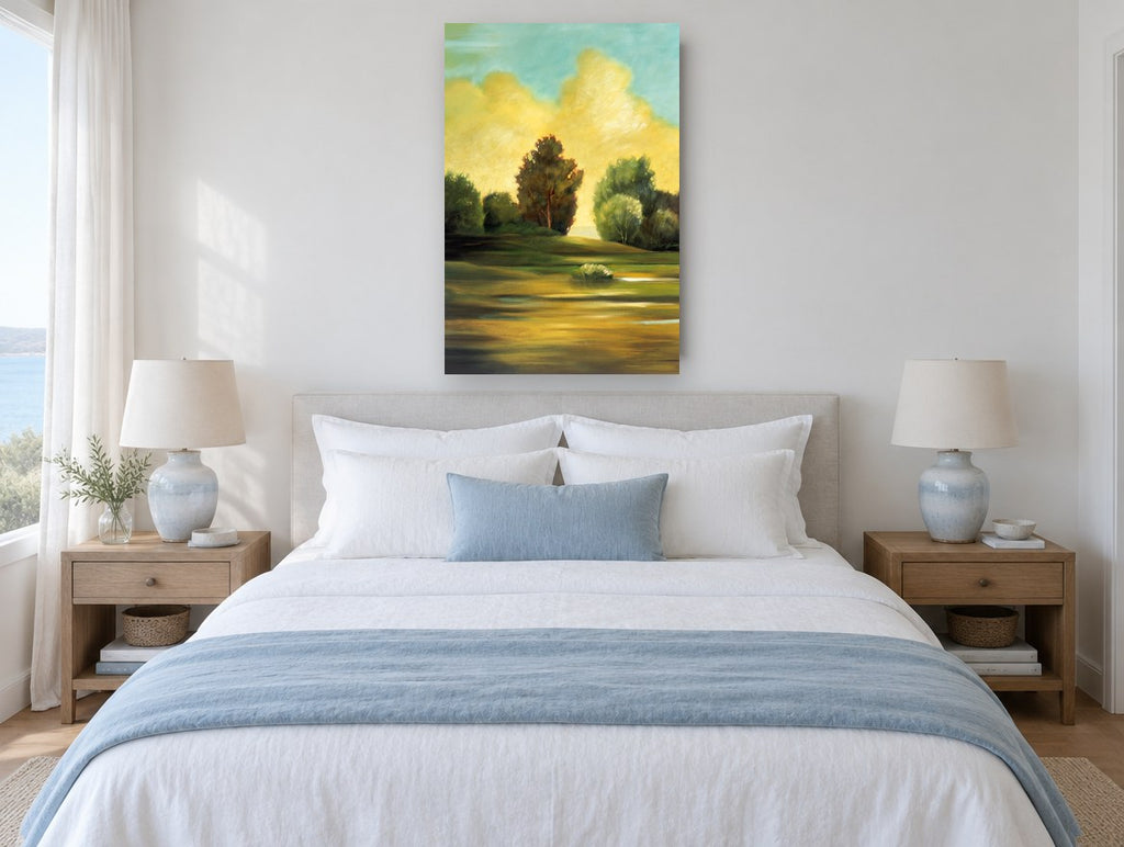 Golden Cloud Meadow landscape canvas print on the wall of a bedroom