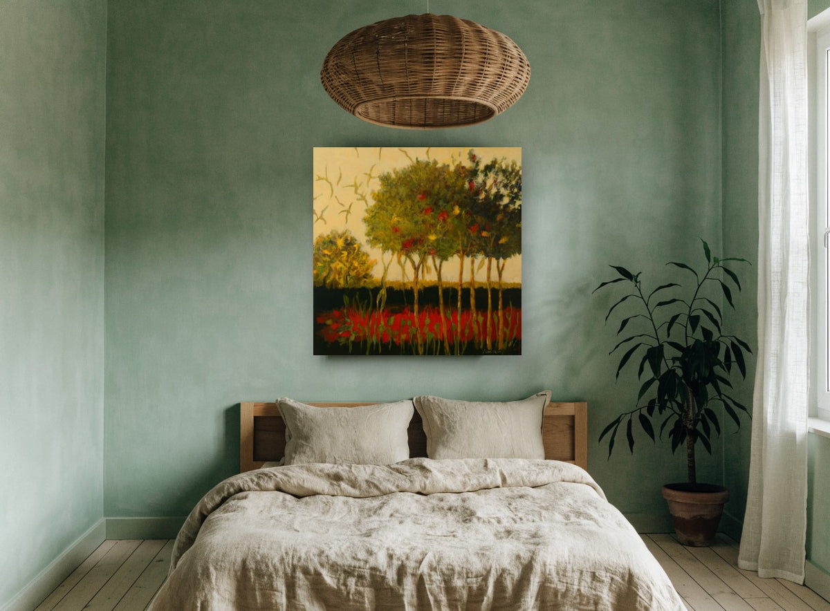 Crimson Grove at Dusk landscape canvas print on the wall of a bedroom
