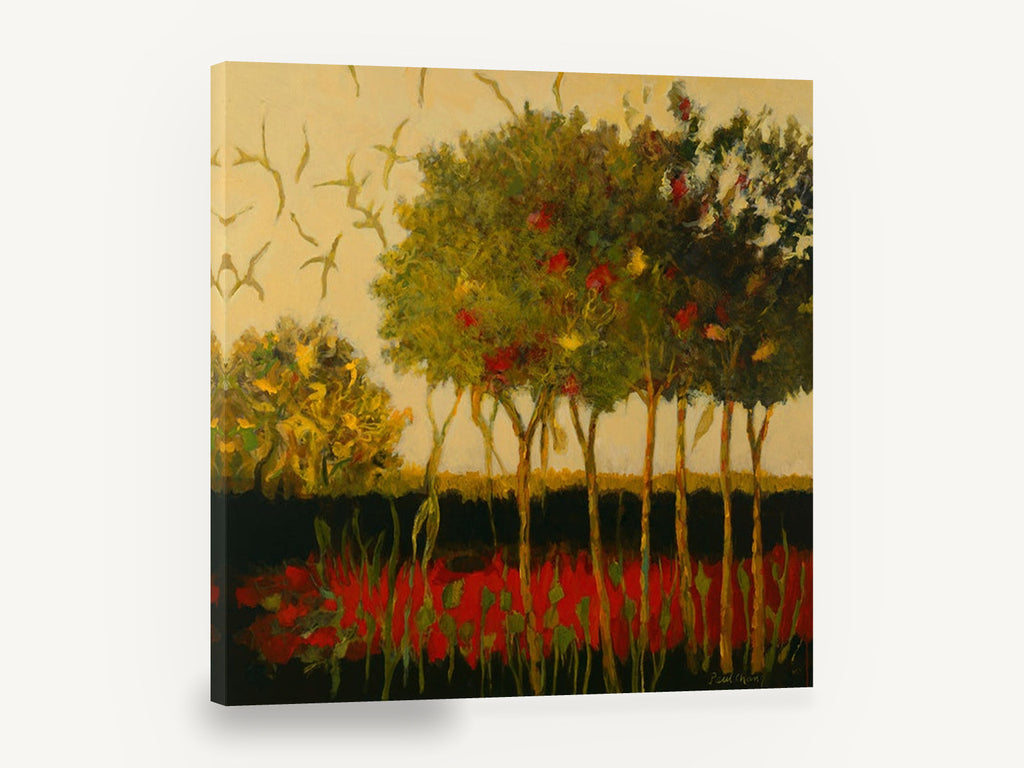 Crimson Grove at Dusk, red flowering trees landscape artwork, landscape canvas wall art print ready to hang