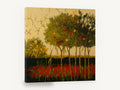 Crimson Grove at Dusk, red flowering trees landscape artwork, landscape canvas wall art print ready to hang