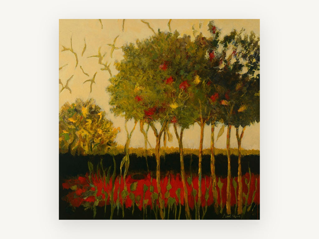 Crimson Grove at Dusk, red flowering trees landscape artwork, landscape canvas wall art print, front view