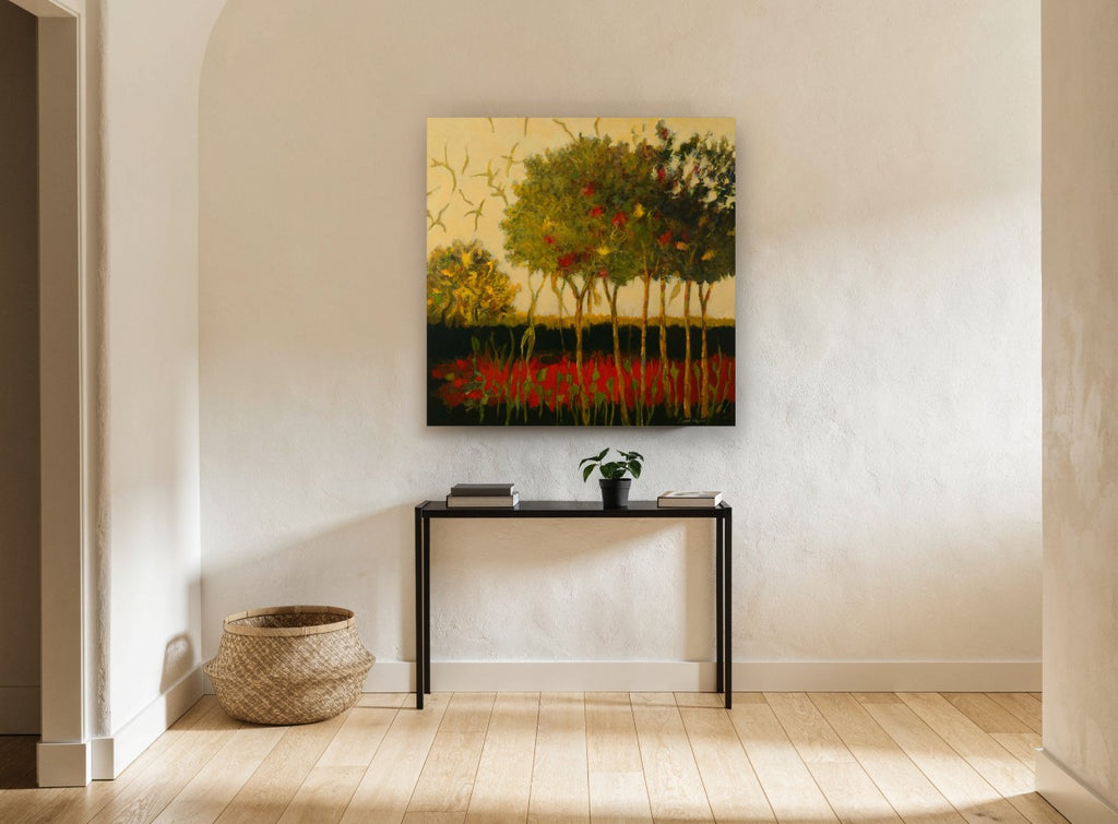Crimson Grove at Dusk landscape canvas print on the wall of a hallway