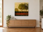 Crimson Grove at Dusk landscape canvas print on the wall of a living room above a sideboard