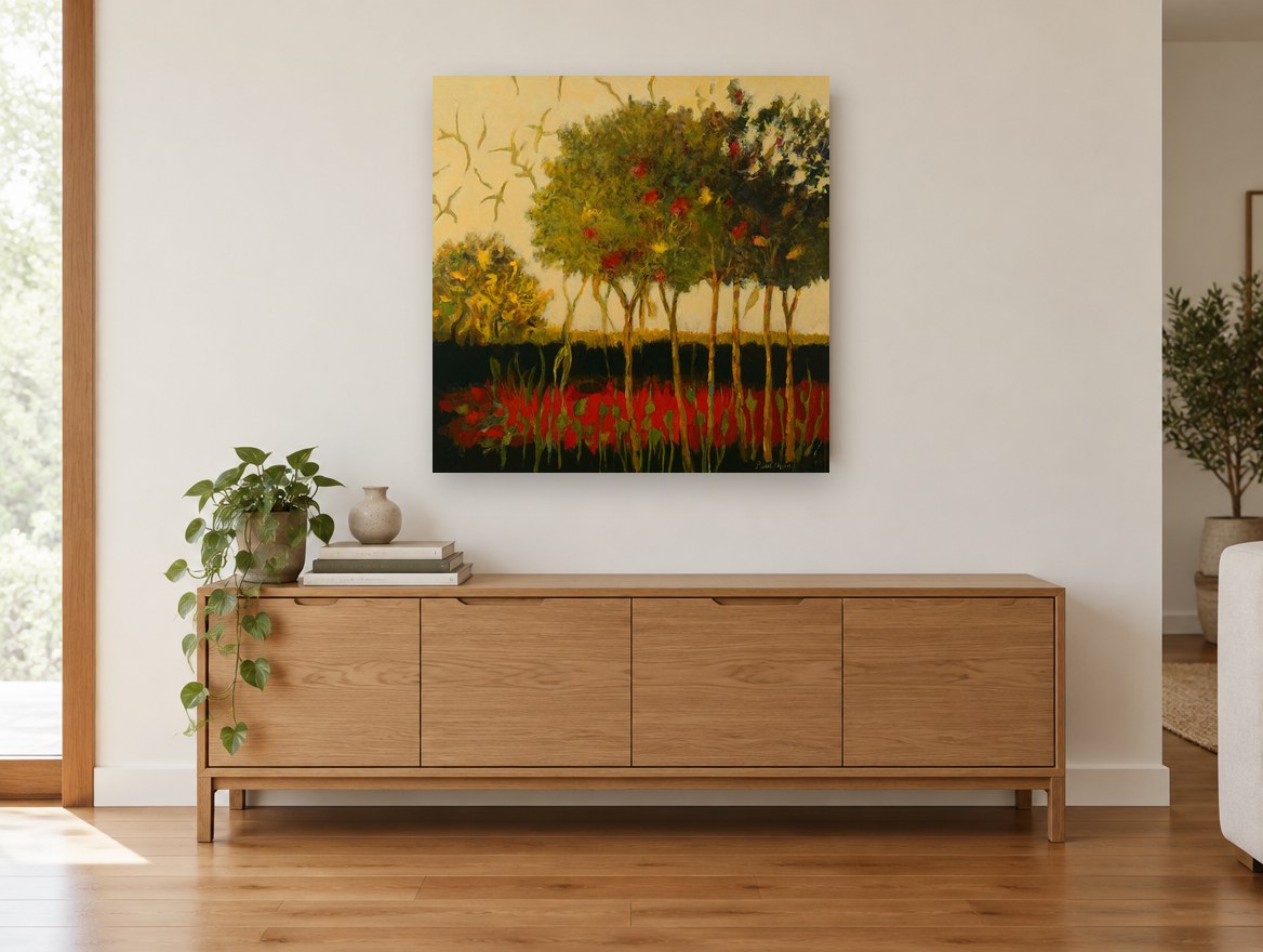 Crimson Grove at Dusk landscape canvas print on the wall of a living room above a sideboard