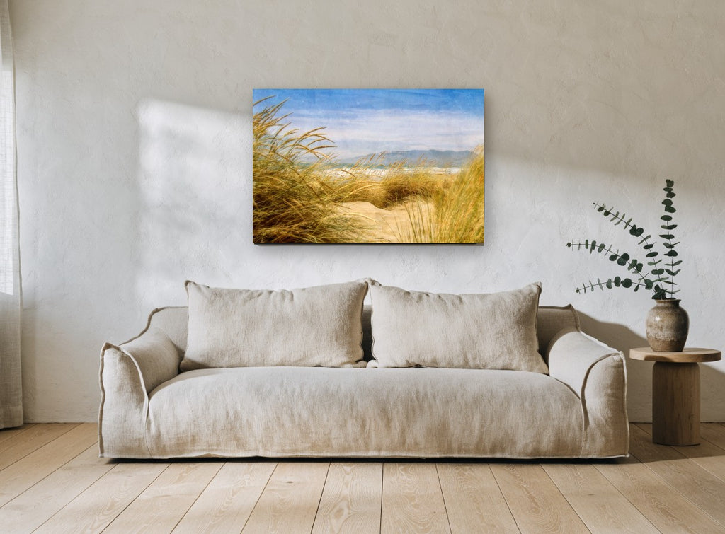 Golden Dune Lookout coastal canvas print on the wall of a living room