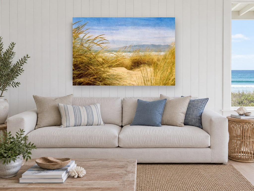 Golden Dune Lookout coastal canvas print on the wall of a beach house living room