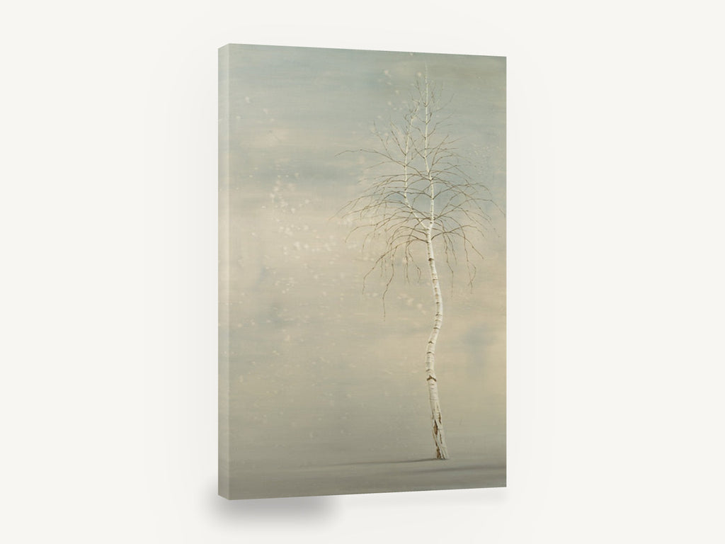 Lone Birch in Snowfall, lone birch tree winter painting, landscape canvas wall art print ready to hang