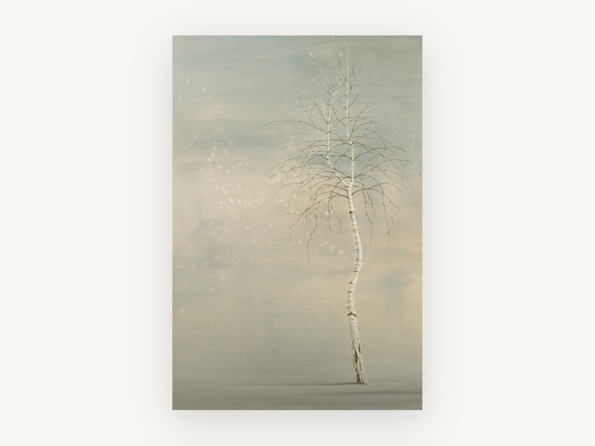 Lone Birch in Snowfall, lone birch tree winter painting, landscape canvas wall art print, front view
