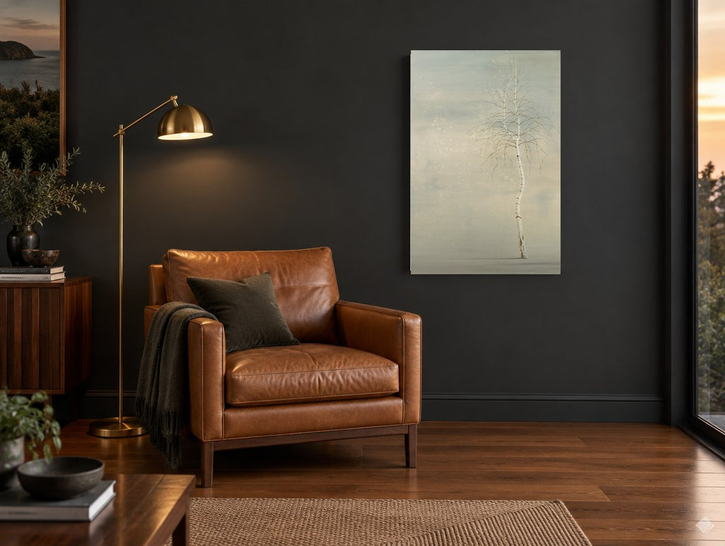 Lone Birch in Snowfall landscape canvas print on the wall of a charcoal living room