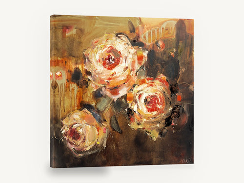Amber Rose Trio, orange cream roses textured floral painting, floral canvas wall art print ready to hang