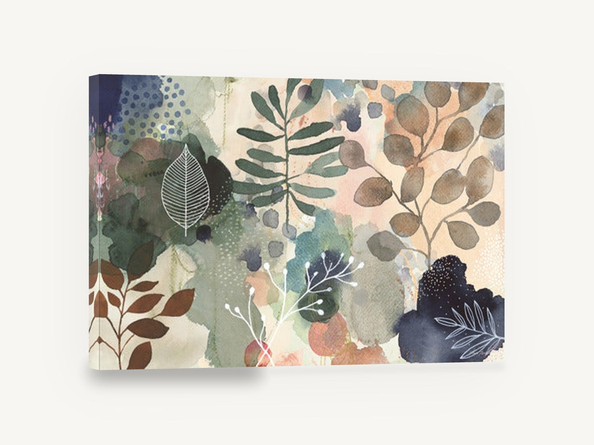 Layered Leaf Wash, abstract watercolour leaves sage blush navy, floral canvas wall art print ready to hang