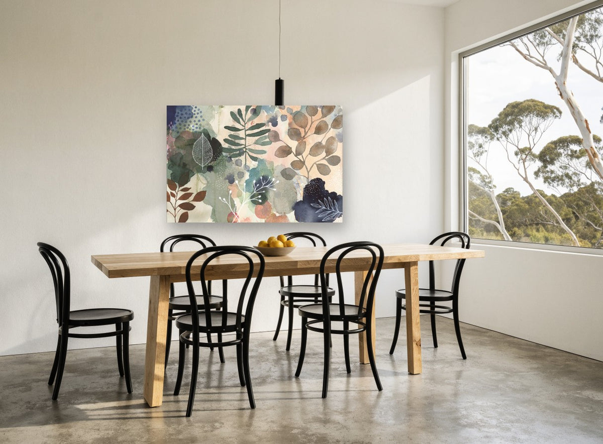 Layered Leaf Wash floral canvas print on the wall of a dining room