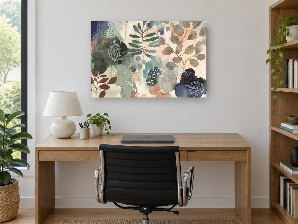 Layered Leaf Wash floral canvas print on the wall of a study