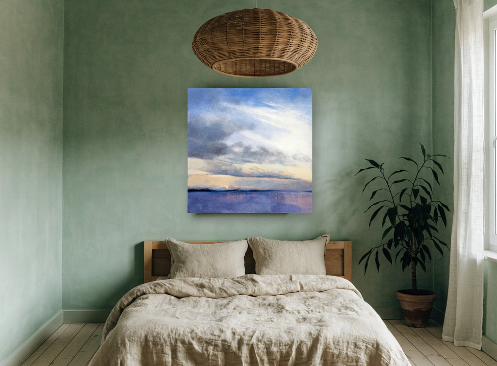 Dawn Over Violet Water coastal canvas print on the wall of a bedroom