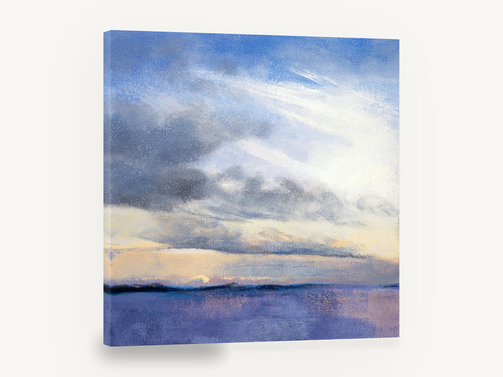 Dawn Over Violet Water, blue sky dawn seascape painting, coastal canvas wall art print ready to hang