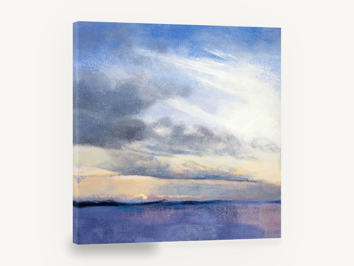 Dawn Over Violet Water, blue sky dawn seascape painting, coastal canvas wall art print ready to hang