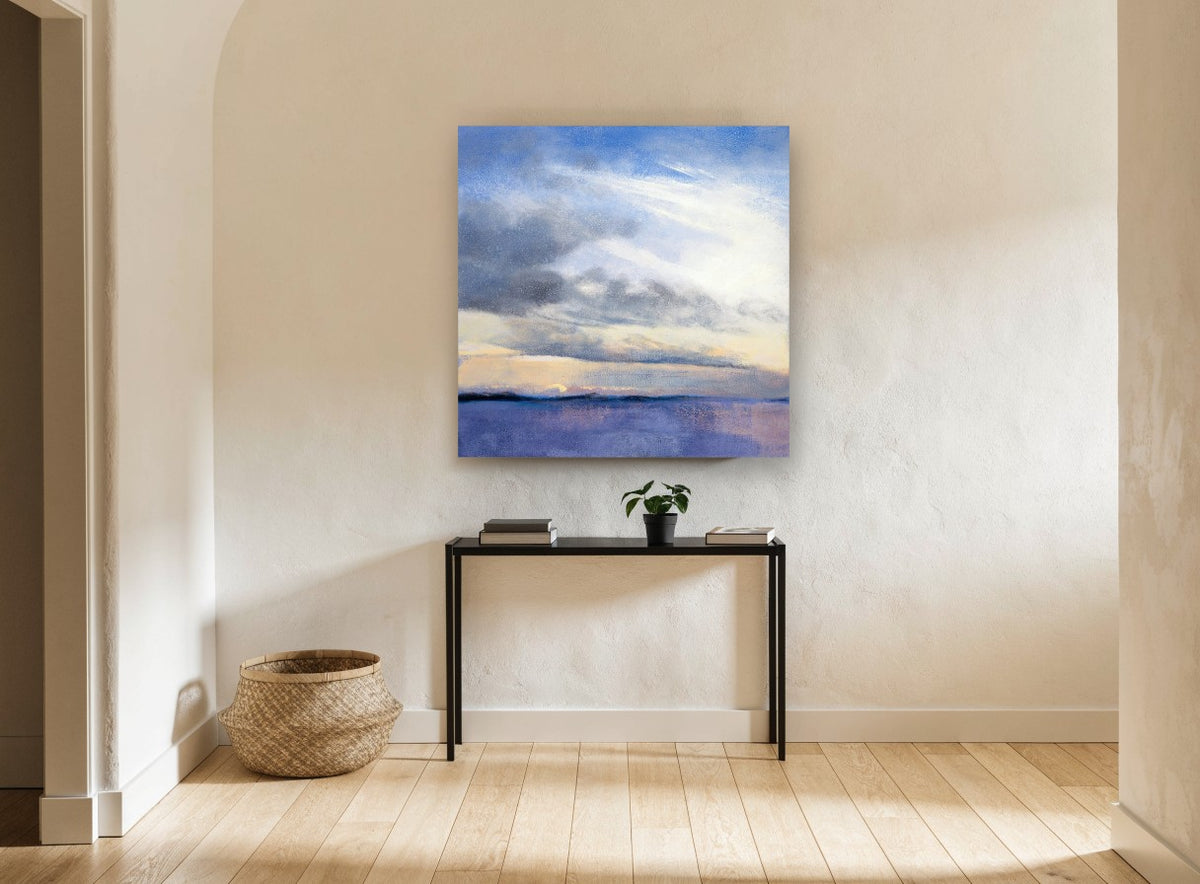 Dawn Over Violet Water coastal canvas print on the wall of a hallway