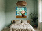 Peonies Against Turquoise floral canvas print on the wall of a bedroom