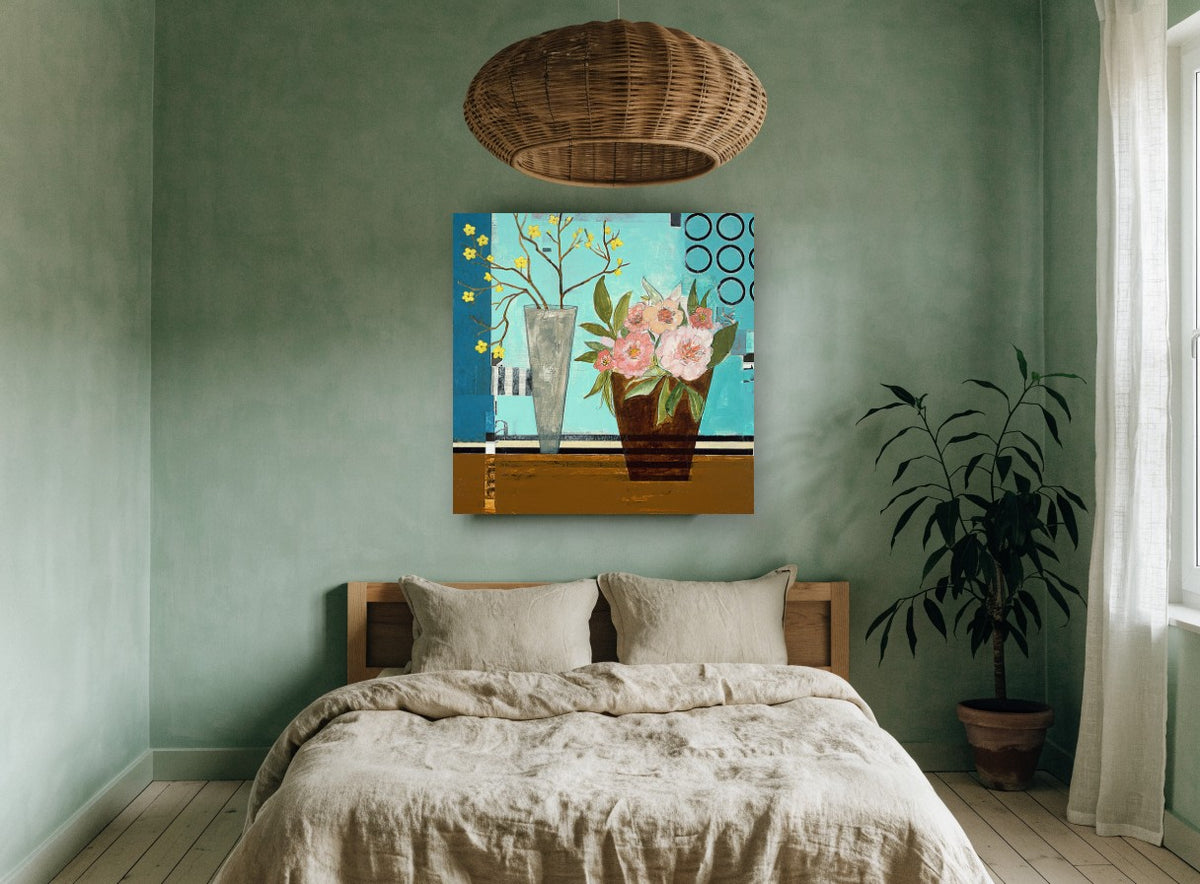 Peonies Against Turquoise floral canvas print on the wall of a bedroom