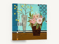 Peonies Against Turquoise, pink peonies and yellow blossom still life, floral canvas wall art print ready to hang