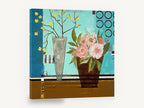 Peonies Against Turquoise, pink peonies and yellow blossom still life, floral canvas wall art print ready to hang
