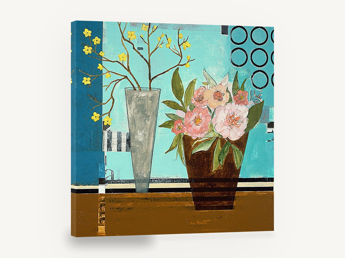 Peonies Against Turquoise, pink peonies and yellow blossom still life, floral canvas wall art print ready to hang