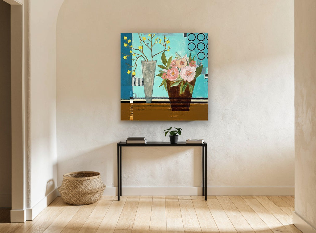 Peonies Against Turquoise floral canvas print on the wall of a hallway