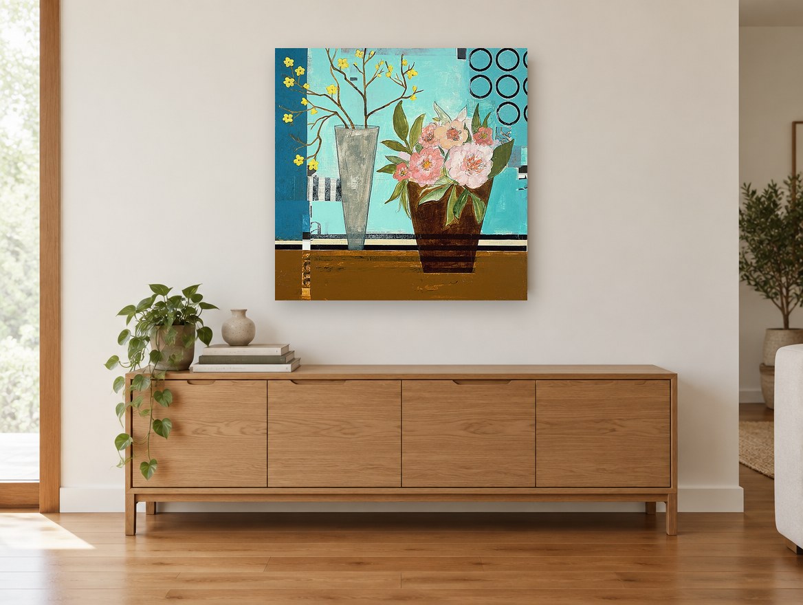 Peonies Against Turquoise floral canvas print on the wall of a living room above a sideboard