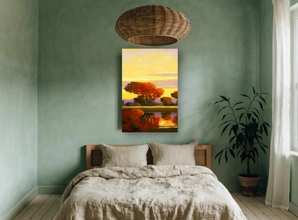 Amber Dusk Reflections landscape canvas print on the wall of a bedroom
