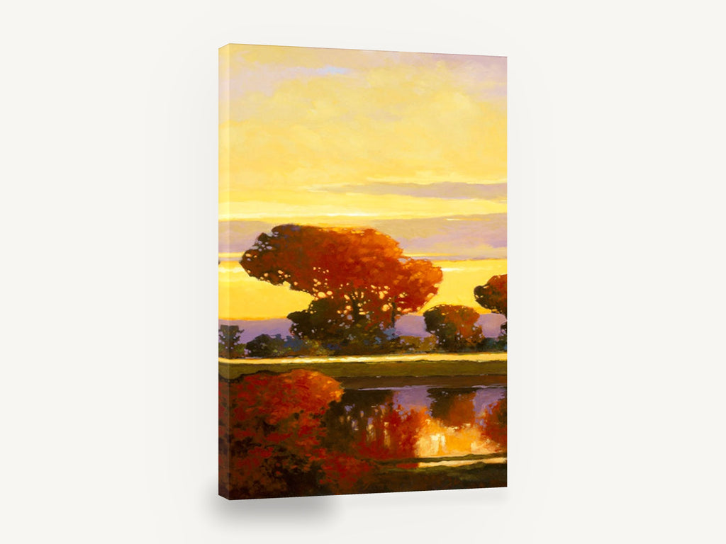 Amber Dusk Reflections, autumn trees sunset lake reflection, landscape canvas wall art print ready to hang