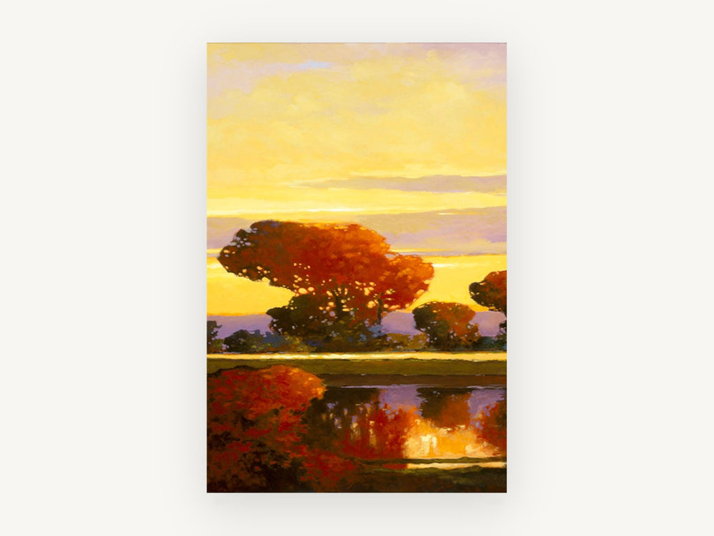 Amber Dusk Reflections, autumn trees sunset lake reflection, landscape canvas wall art print, front view
