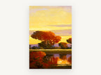 Amber Dusk Reflections, autumn trees sunset lake reflection, landscape canvas wall art print, front view