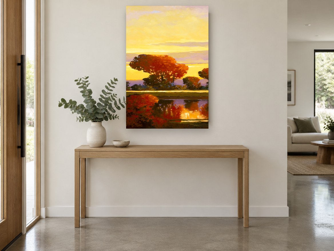 Amber Dusk Reflections landscape canvas print on the wall of a entry hall