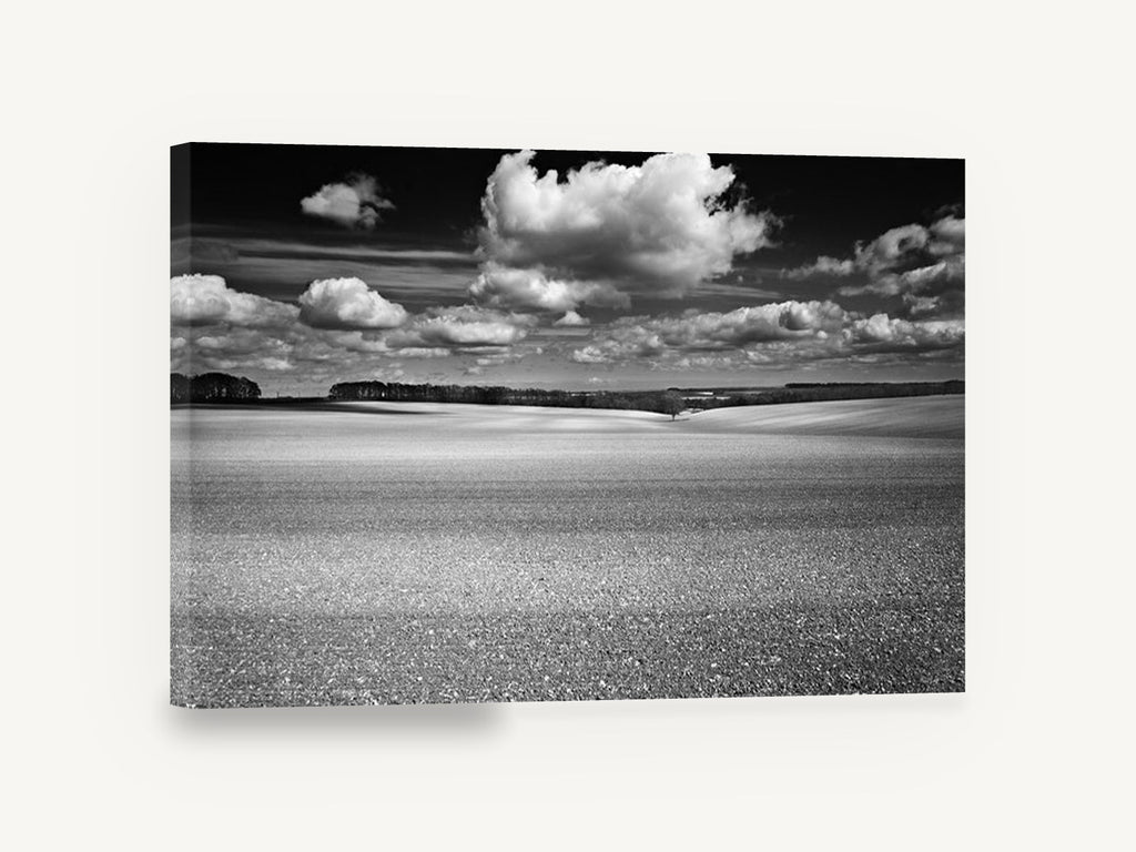 Ploughed Field Clouds, black and white field cloud photograph, landscape canvas wall art print ready to hang