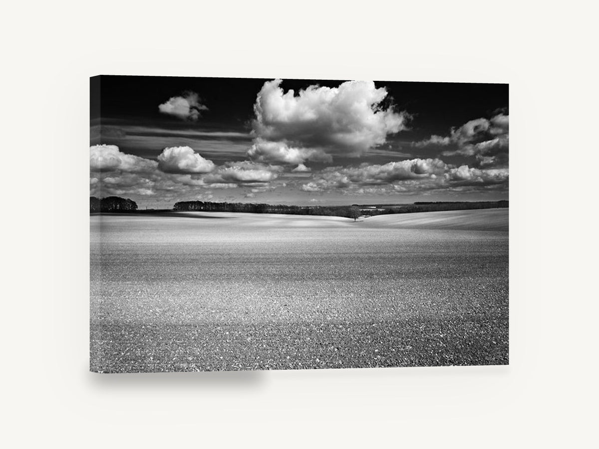 Ploughed Field Clouds, black and white field cloud photograph, landscape canvas wall art print ready to hang