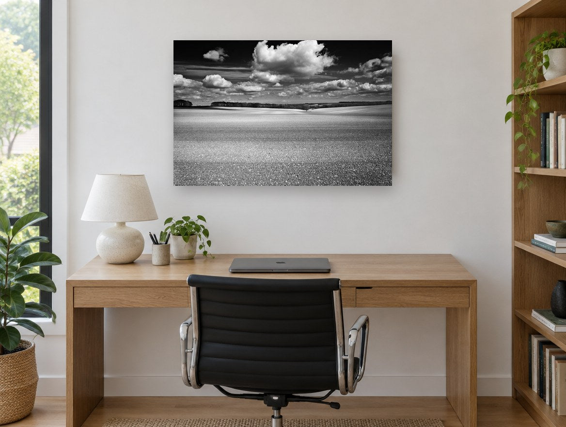 Ploughed Field Clouds landscape canvas print on the wall of a study