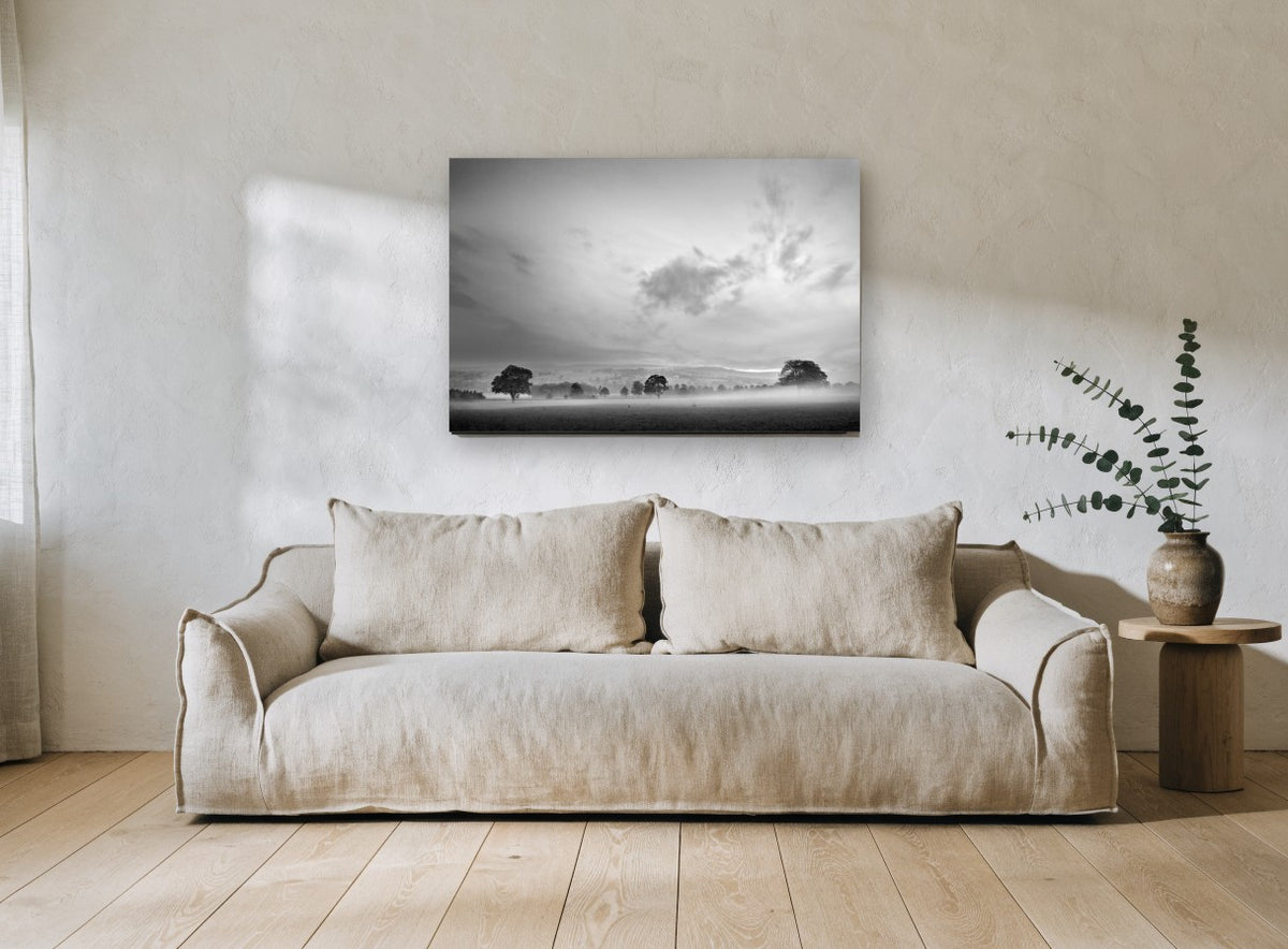 Mist Over the Paddock landscape canvas print on the wall of a living room