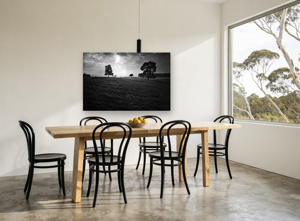 Backlit Pasture Oaks landscape canvas print on the wall of a dining room