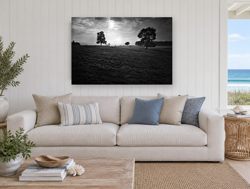 Backlit Pasture Oaks landscape canvas print on the wall of a beach house living room