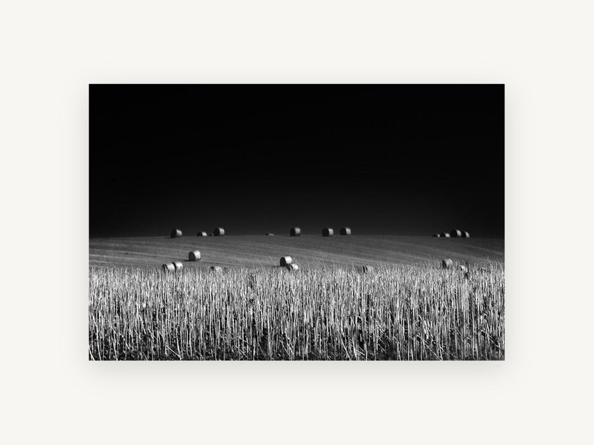 Bales Under Dark Sky, black and white hay bale field photograph, landscape canvas wall art print, front view