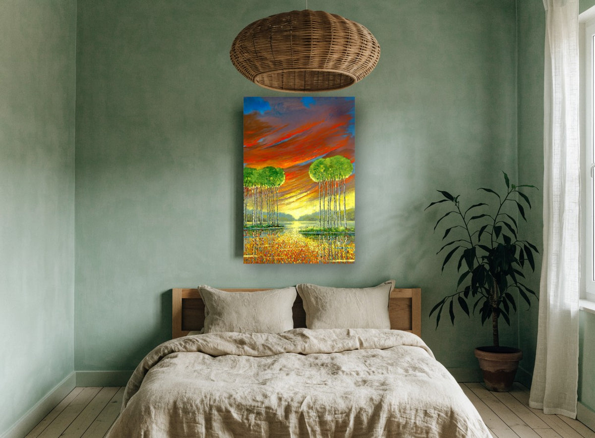 Ember Sky Birches landscape canvas print on the wall of a bedroom