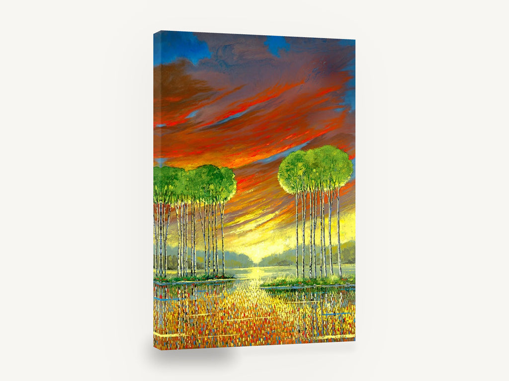 Ember Sky Birches, tall trees fiery sunset landscape, landscape canvas wall art print ready to hang